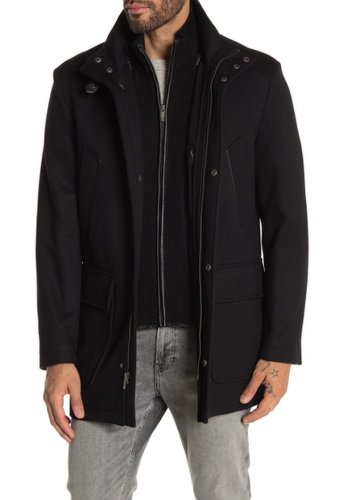Imbracaminte barbati cole haan wool blend leather trim rib knit inset coat black