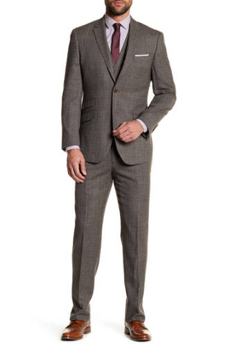 Imbracaminte barbati english laundry brown glenplaid two button peak lapel wool trim fit 3-piece suit brown
