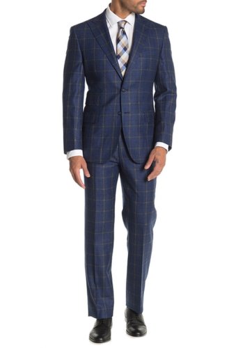 Imbracaminte barbati english laundry navy plaid two-button peak lapel wool slim fit 2-piece suit blue pld