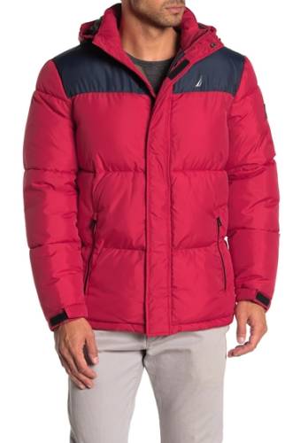 Imbracaminte barbati nautica water-resistant colorblock logo hooded puffer jacket red