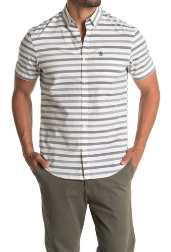 Imbracaminte barbati original penguin short sleeve horizontal stripe print slim fit woven shirt bright white