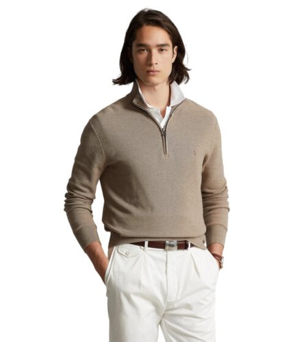 Imbracaminte barbati polo ralph lauren mesh-knit cotton 14 zip sweater honey brown heather