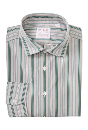 Imbracaminte barbati thomas pink end on end multi stripe print dress shirt greenbrown