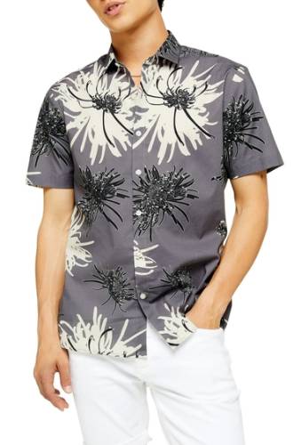 Imbracaminte barbati topman slim fit chrysanthemum print short sleeve button-up shirt navy multi
