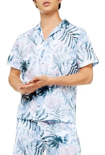 Imbracaminte barbati topman slim fit floral print revere collar short sleeve button-up shirt blue multi