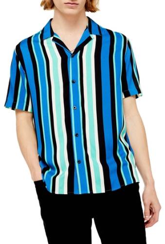 Imbracaminte barbati topman slim fit stripe short sleeve button-up camp shirt navy blue multi