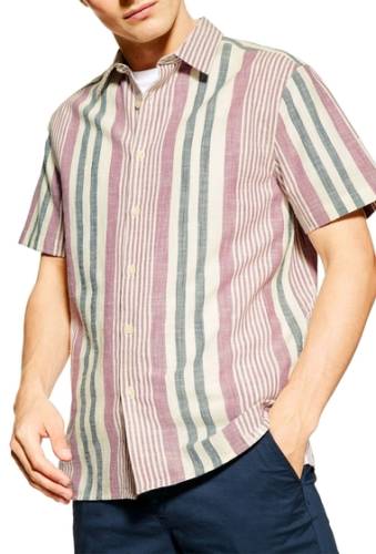 Imbracaminte barbati topman slim fit stripe short sleeve button-up shirt beige multi