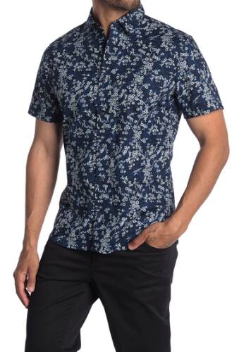 Imbracaminte barbati wallin bros printed short sleeve trim fit shirt navy- grey rose bird