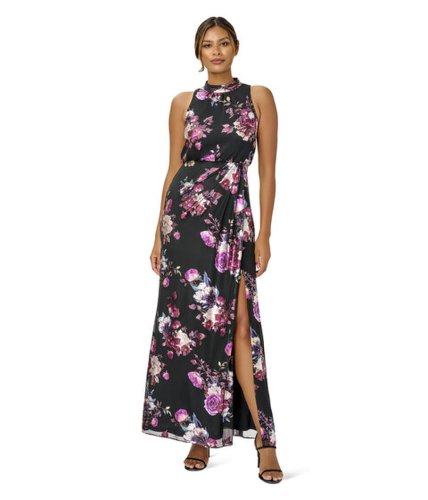 Imbracaminte femei adrianna papell long printed metallic foil mesh halter gown with mock neck black multi