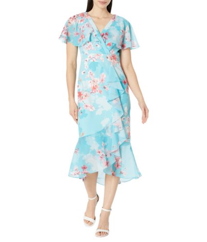 Imbracaminte femei adrianna papell printed floral flutter sleeve dress with cascade amp ruffle hem aqua multi