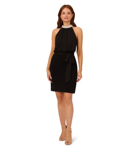 Imbracaminte femei adrianna papell stretch chiffon blousson halter cocktail dress with pearl bead necklace detail black