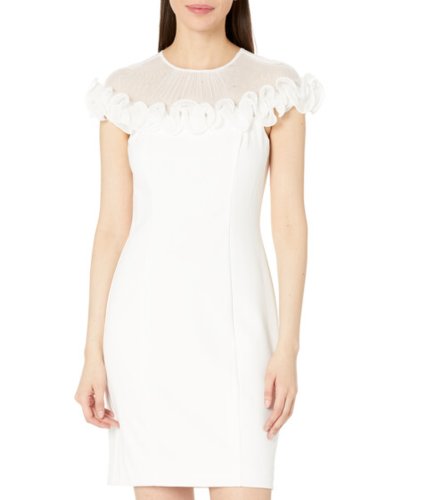 Imbracaminte femei adrianna papell stretch knit crepe sheath dress with illusion neckline amp ruffle detail ivory