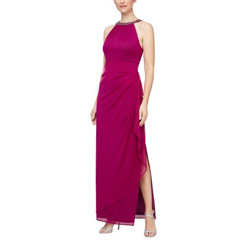 Imbracaminte femei alex evenings beaded halter long gown with side ruching fuchsia