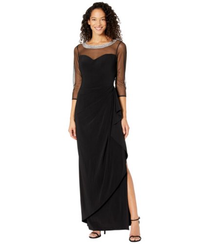 Imbracaminte femei alex evenings long illusion 34\'\' sleeve side ruched dress w embellished neckline black