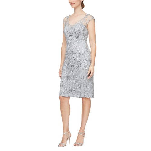 Imbracaminte femei alex evenings short embroidered dress with illusion neckline pale lilac