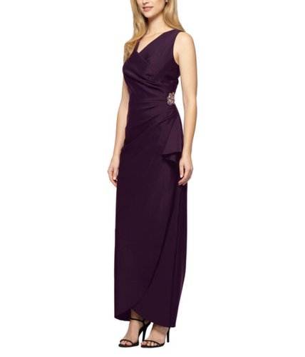 Imbracaminte femei alex evenings slimming long side ruched dress with cascade ruffle skirt aubergine
