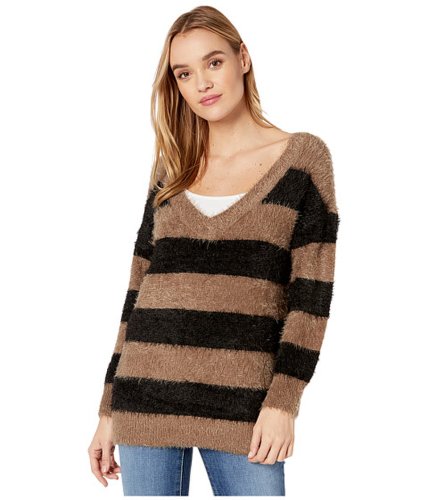 Imbracaminte femei bb dakota fuzzy games striped eyelash v-neck tunic sweater dusty taupe