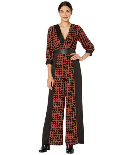 Imbracaminte femei bcbgmaxazria printed long sleeve jumpsuit blackgeometric grid