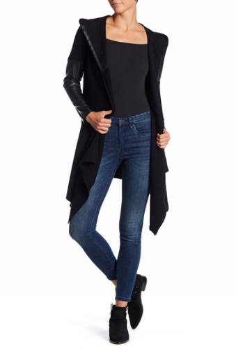 Imbracaminte femei blanknyc denim faux leather trim long hooded jacket black