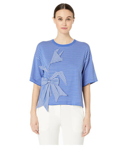 Imbracaminte femei boutique moschino short sleeve applique striped crew neck sweater blue
