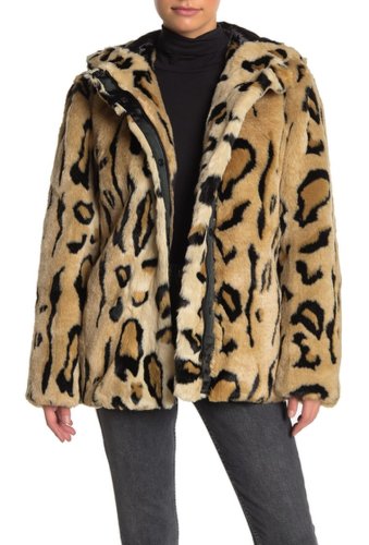 Imbracaminte femei calvin klein faux leopard fur hooded jacket cheetah
