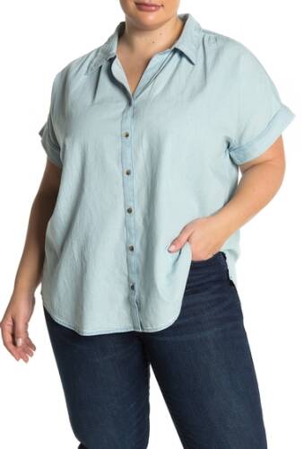 Imbracaminte femei caslon chambray woven camp button down shirt plus size ice wash