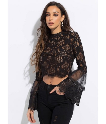 Imbracaminte femei cheapchic all over the lace sheer bell sleeve top black
