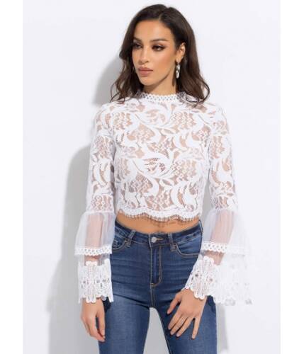 Imbracaminte femei cheapchic all over the lace sheer bell sleeve top white