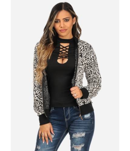 Imbracaminte femei cheapchic black and white long sleeve front zipper printed stylish jacket multicolor