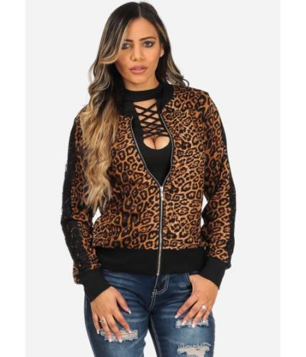 Imbracaminte femei cheapchic cheetah print long sleeve gold zipper lace insets trendy jacket multicolor