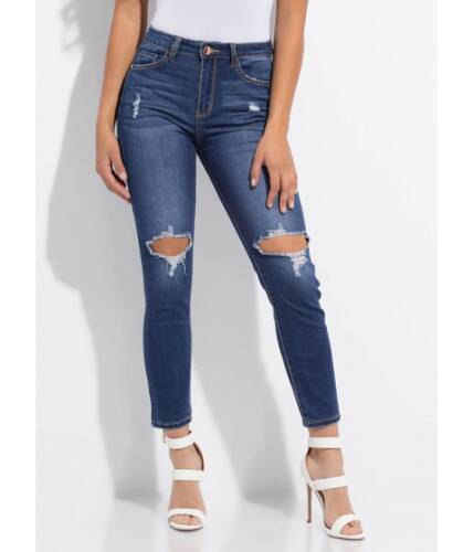 Imbracaminte femei cheapchic hole thing destroyed slim-fit jeans dkblue