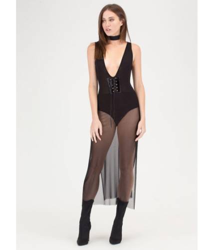 Imbracaminte femei cheapchic laced it double slit mesh bodysuit dress black