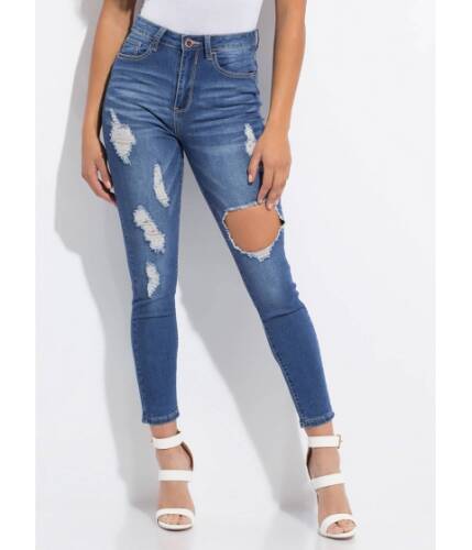 Imbracaminte femei cheapchic make me hole destroyed skinny jeans medblue