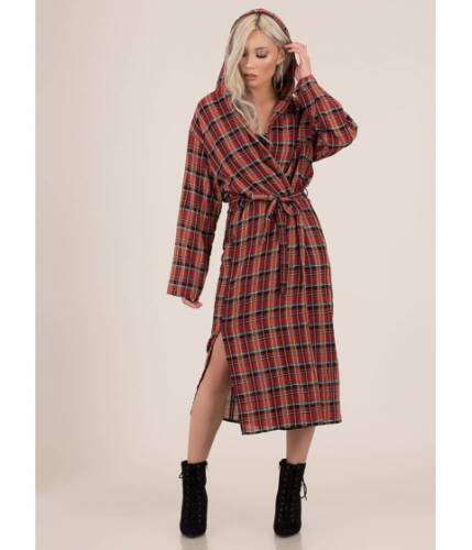 Imbracaminte femei cheapchic plaid perfection hooded belted duster red