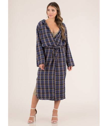 Imbracaminte femei cheapchic plaid perfection hooded belted duster royal