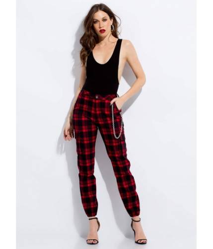 Imbracaminte femei cheapchic plaid to the bone chained cargo joggers red