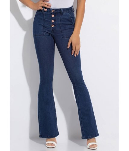 Imbracaminte femei cheapchic retro look flare-leg button-fly jeans dkblue