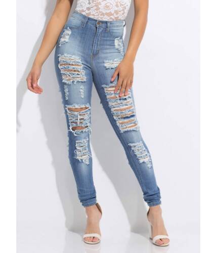 Imbracaminte femei cheapchic slit decision destroyed skinny jeans ltblue