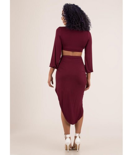 Imbracaminte femei cheapchic so knotty high-slit top and skirt set burgundy