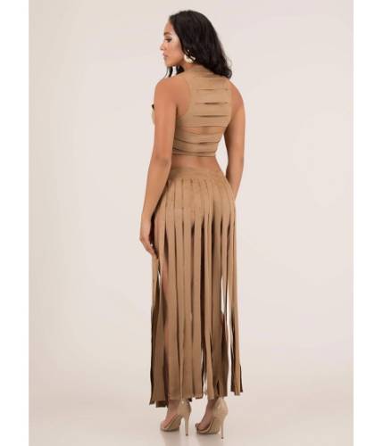 Imbracaminte femei cheapchic strip tease slashed top and skirt set camel