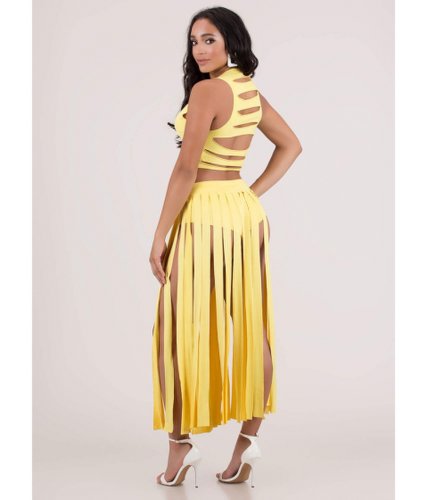 Imbracaminte femei cheapchic strip tease slashed top and skirt set yellow
