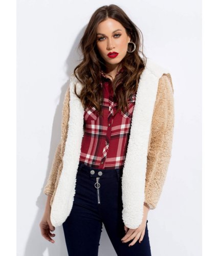 Imbracaminte femei cheapchic two-fur hooded faux shearling jacket taupe