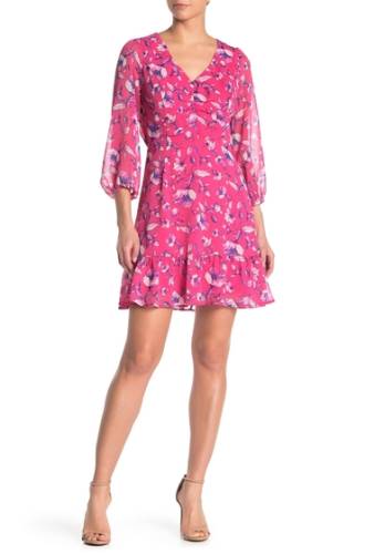 Imbracaminte femei collective concepts 34 sleeve floral printed v-neck dress pink blue