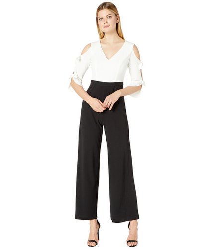 Imbracaminte femei donna morgan long tie-sleeve stretch crepe v-neck and contrast color jumpsuit blackivory