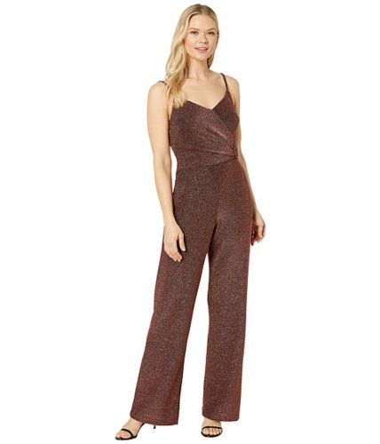 Imbracaminte femei donna morgan metallic stretch knit faux wrap with covered buckled wide leg jumpsuit rose goldblack