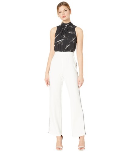 Imbracaminte femei donna morgan sleeveless jumpsuit with stretch knit crepe pants and printed chiffon halter top blackivory