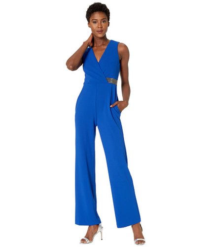 Imbracaminte femei donna morgan stretch crepe sleeveless faux wrap with crystal detail jumpsuit blue sapphire