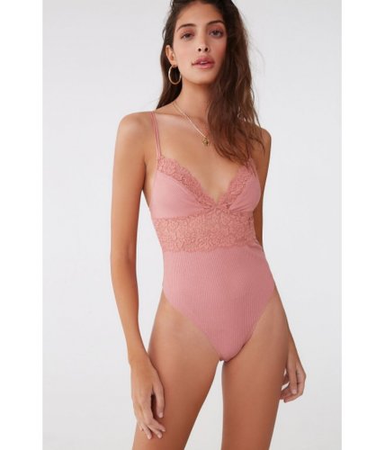 Imbracaminte femei forever21 ribbed floral lace-trim thong bodysuit blush