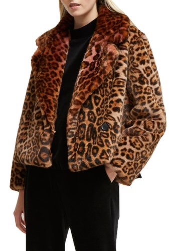 Imbracaminte femei french connection analia leopard faux fur jacket rhubarb mu