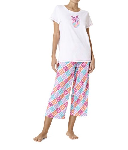 Imbracaminte femei hue plus size short sleeve tee and capris two-piece pajama set white